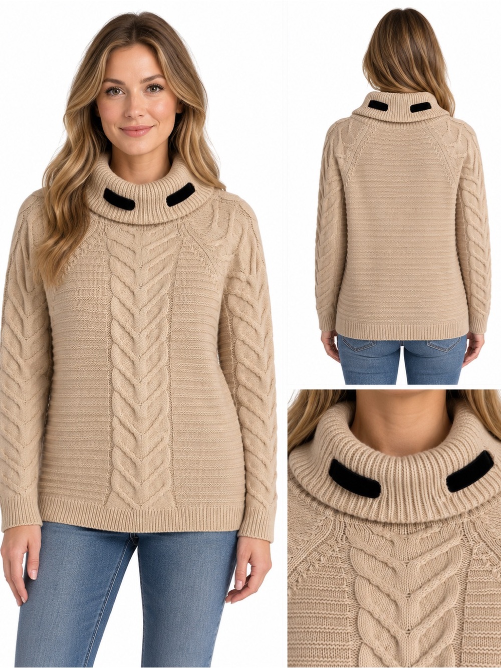 Size M Karl Lagerfeld Paris Cable Knit Cowl Neck Sweater Beige - Picture 2 of 10